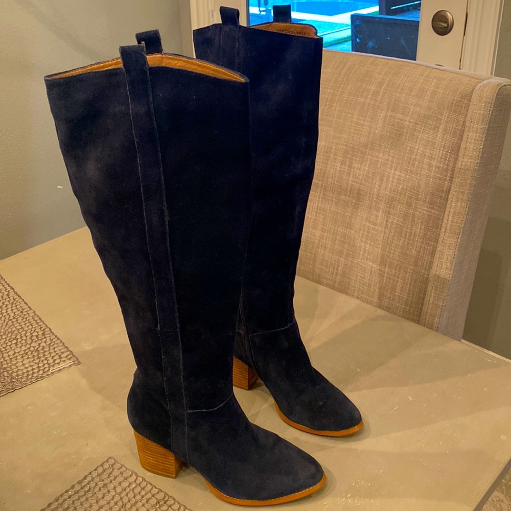 Atwell Navy Blue Oiled Suede Tall Heeled Boots.